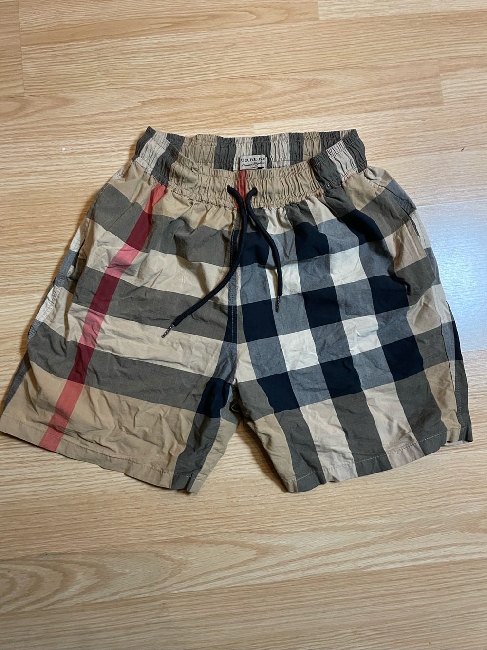 Burberry Beige Plaid Drawstring Kids Shorts with Red Stripe